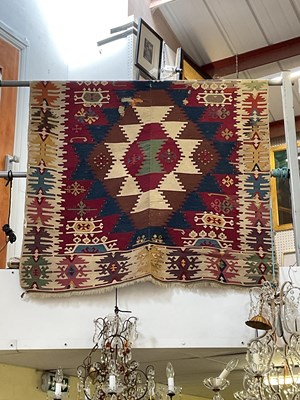 Lot 183 - A hand woven kilim hanging/carpet decorated...