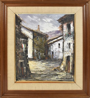 Lot 694 - CONTINENTAL SCHOOL; oil on canvas, street...