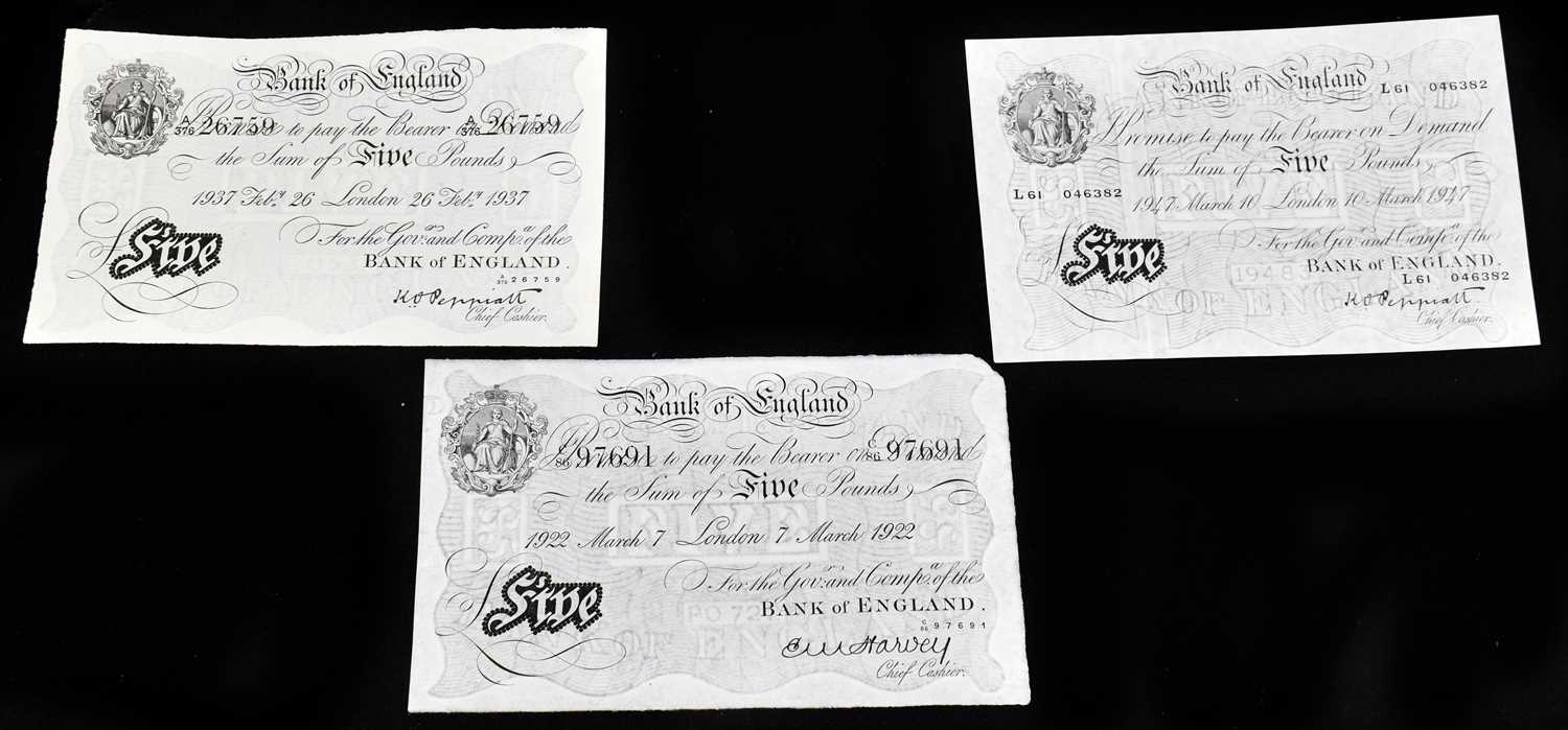 Lot 1334 - THREE £5 NOTES; 1922, Harvey, C8697691