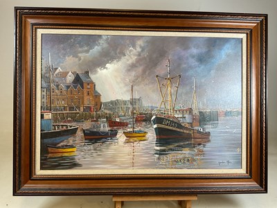 Lot 358 - GORDON ALLEN; oil on canvas, Brixham harbour...