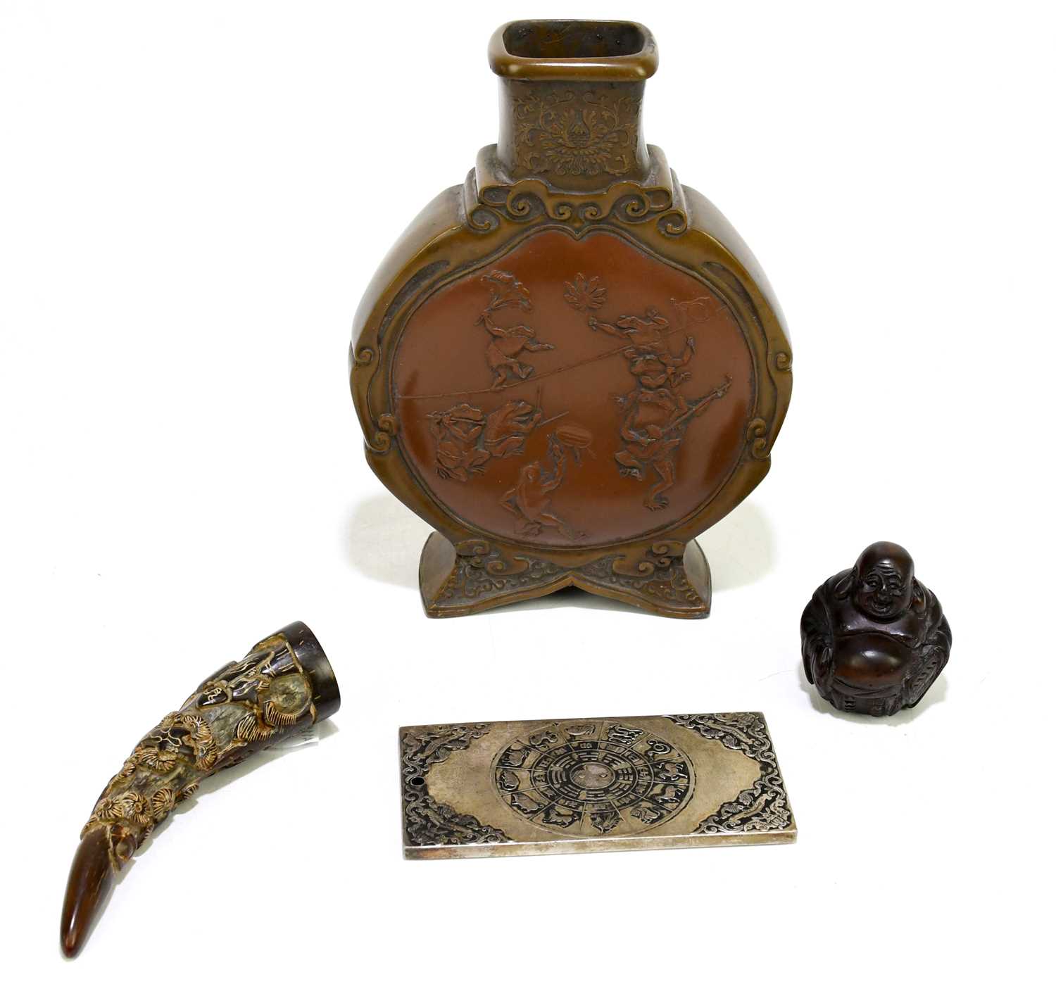 Lot 2280 - A Japanese bronze moon flask relief decorated...