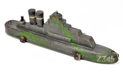 Lot 289 - A vintage painted wooden model of battleship