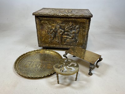 Lot 204 - A brass slipper box containing a tray, a...