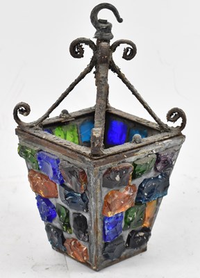 Lot 169 - A cast iron framed hanging lantern inset with...