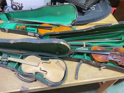 Lot 306 - Three cased violins, for restoration.