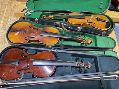 Lot 308 - Three cased violins, for restoration.