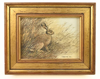 Lot 1351 - BERRISFORD HILL (born 1930); oil on board, hare in landscape