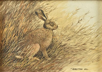 Lot 1351 - BERRISFORD HILL (born 1930); oil on board, hare in landscape