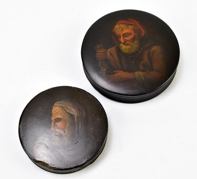 Lot 21 - Two 19th century hand painted circular snuff boxes