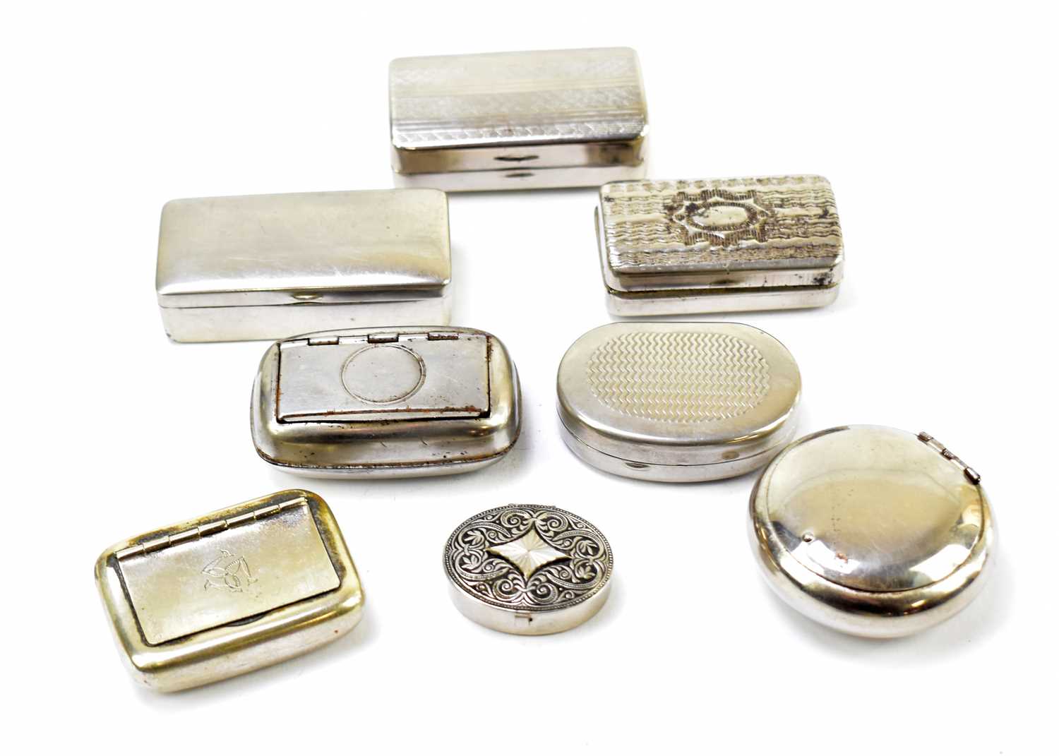 Lot 38 - A collection of silver plated, base metal and chrome snuff boxes