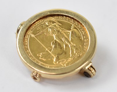Lot 878 - A yellow metal 1/4 sovereign in 9ct brooch...