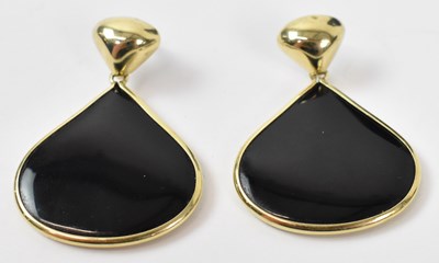 Lot 904 - A pair of black stone earrings in 14ct yellow...