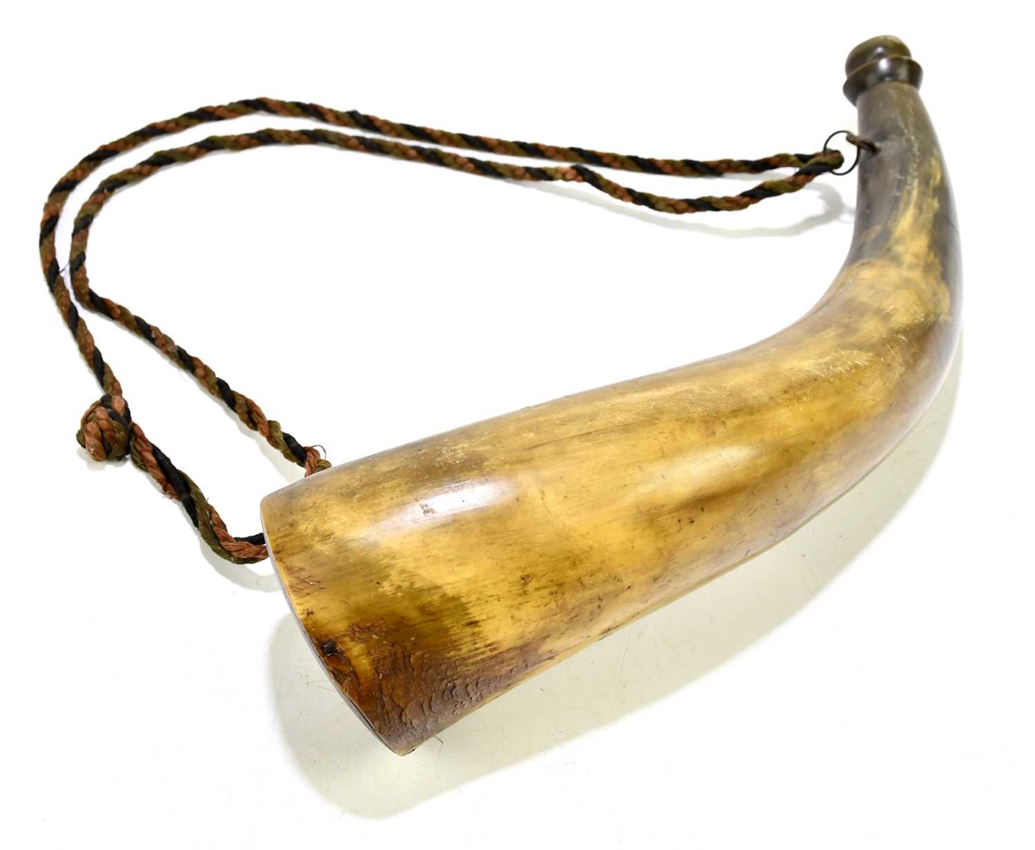 Lot 2546 - A horn powder flask, approx 33cm.