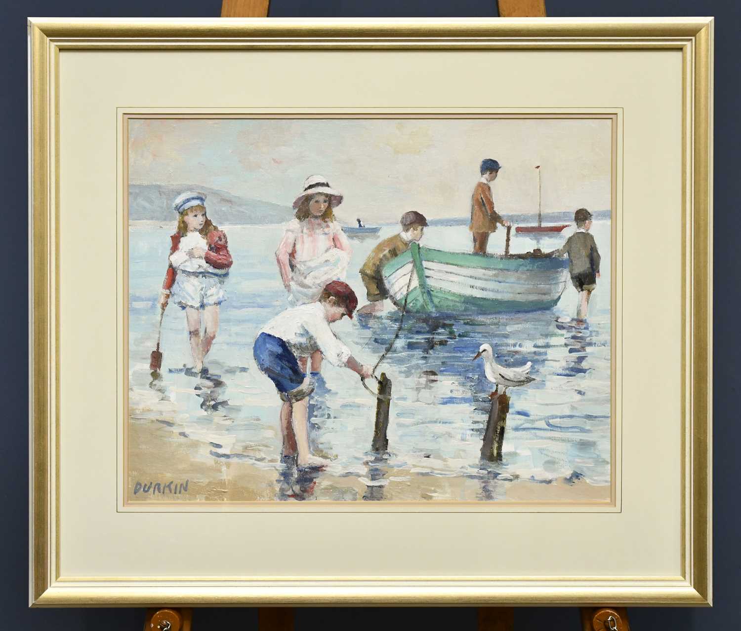 Lot 1854 - TOM DURKIN (1928-1990); oil on board, children...