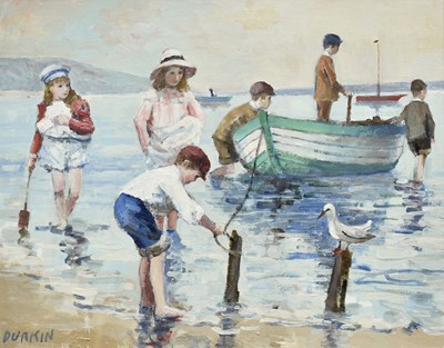 Lot 1854 - TOM DURKIN (1928-1990); oil on board, children...