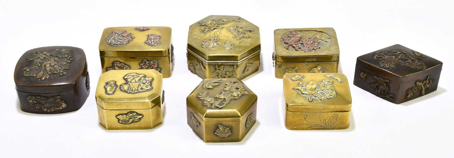 Lot 2118 - Eight Chinese brass and bronzed snuff boxes