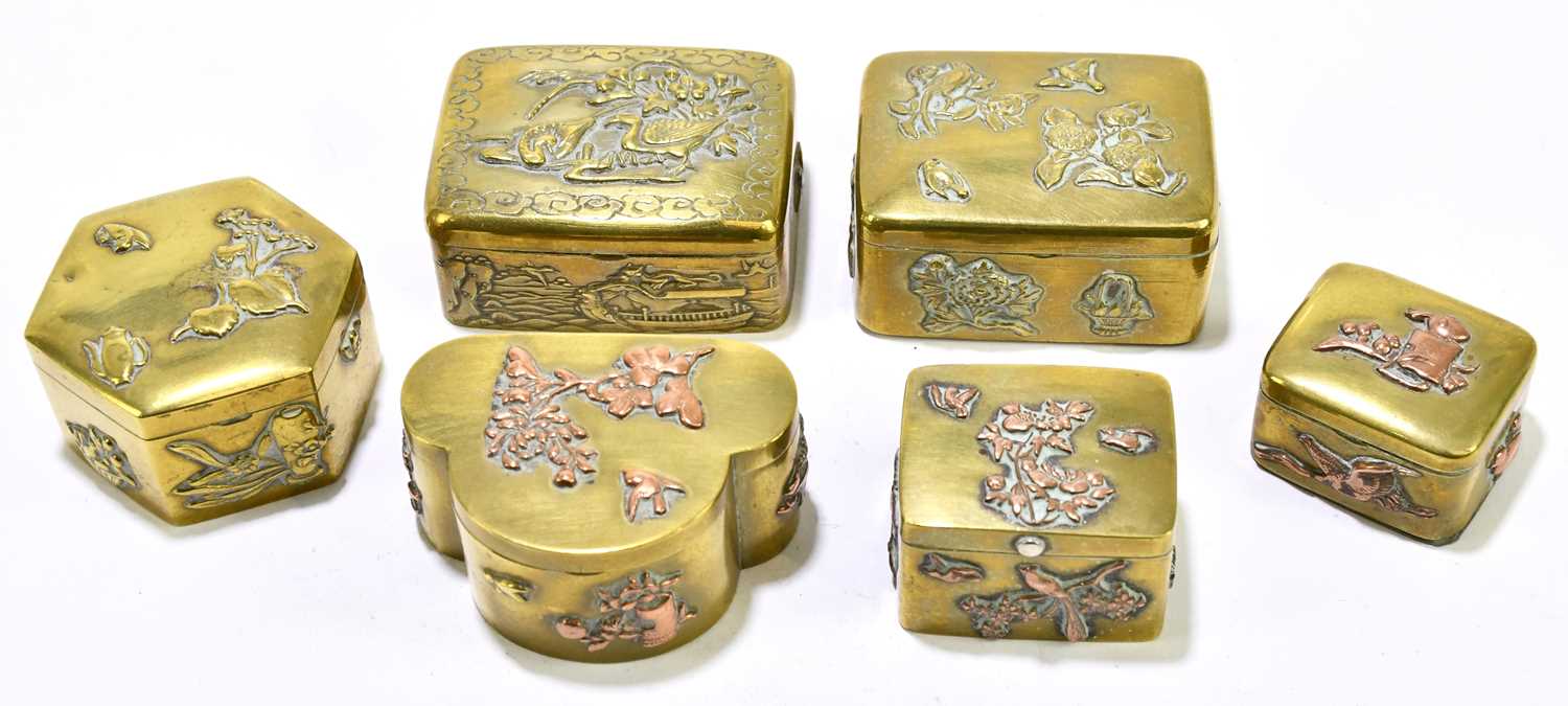 Lot 2122 - Six brass Chinese snuff boxes of different