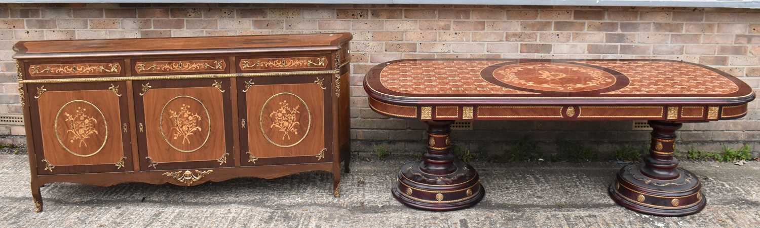 Lot 27 - A reproduction inlaid dining table, and a...