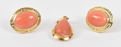 Lot 892 - A pair of 14ct yellow gold earrings with pink...