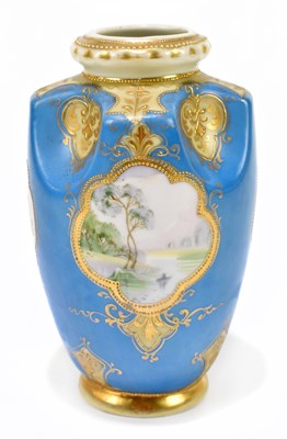 Lot 577 - NORITAKE; a hand painted and gilt decorated vase with pinched rim