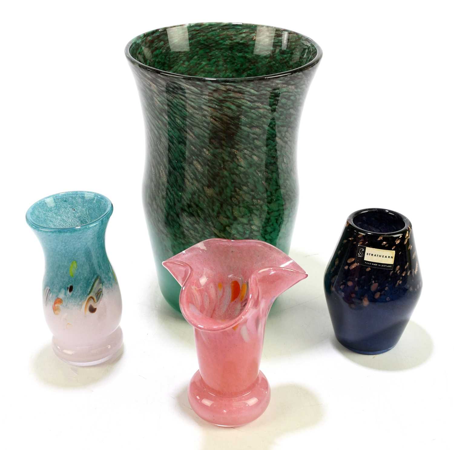 Lot 447 - STRATHEARN; a green glass vase with flared...