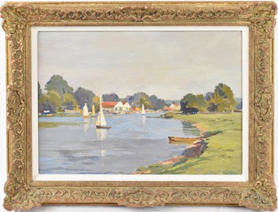 Lot 658 - UNATTRIBUTED; oil on board lake scene with...