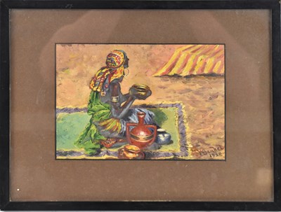 Lot 712 - UNATTRIBUTED; oil on board kneeling tribal...