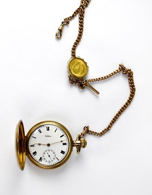 Lot 1378 - WALTHAM; a gold plated full hunter pocket...