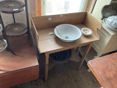 Lot 211 - An old pine washstand with raised back, with...