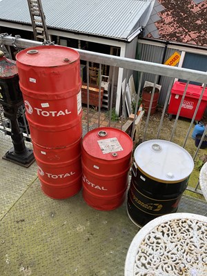 Lot 225 - TOTAL; three oil drums, and a Pertamax Turbo...