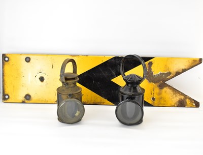 Lot 791 - Two paraffin tinplate railway lamps, one with...