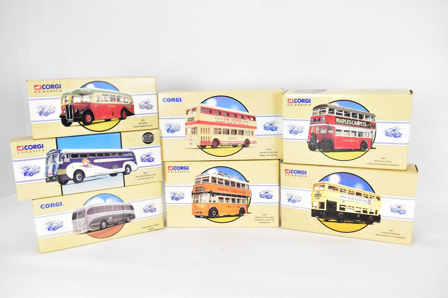 Lot 344 - CORGI CLASSICS; seven boxed buses/coaches...