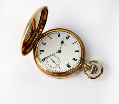 Lot 1377 - WALTHAM; a gold plated full hunter pocket...