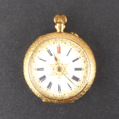 Lot 1383 - A 12ct gold ladies' crown wind open face fob...
