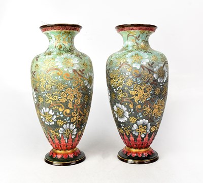 Lot 255 - ROYAL DOULTON; a pair of Chine ware vases...