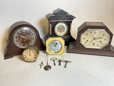 Lot 403 - A slate mantel clock, wooden mantel clocks, a...