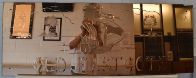 Lot 64 - A peach glass mirrored panel with sailing boat...