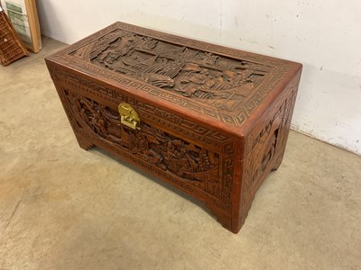 Lot 513 - A Chinese carved camphor wood rectangular...