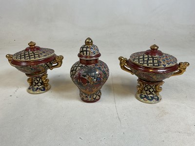 Lot 194 - Satsuma ware trio, comprising lidded urn and 2...