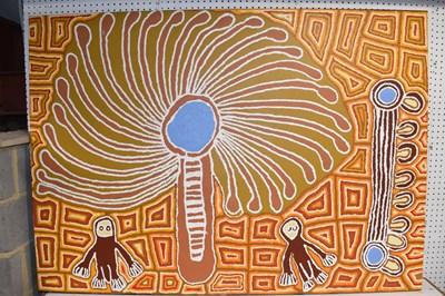 Lot 132 - AUSTRALIAN ABORIGINAL ART; a large unframed...