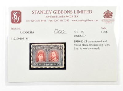 Lot 757 - Rhodesia - 1910 £1 carmine red & blue-black mint stamp SG 165