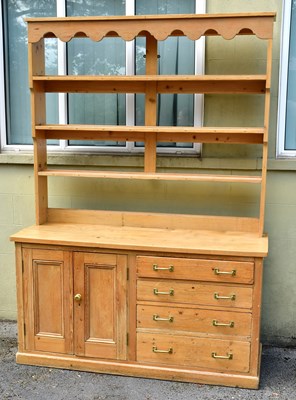 Lot 2519 - An old pine dresser, with open back plate rack...
