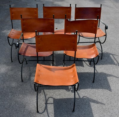 Lot 2561 - Six cast metal X-frame chairs with leather...