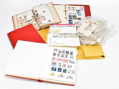 Lot 854 - World (incl. GB & Comonwealth) - collection of early to modern stamps, mostly used, in 4 red albums plus a folder of loose GB FDCs & large bag of stamps on paper.