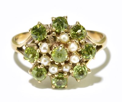 Lot 146 - A 9ct yellow gold peridot and seed pearl...