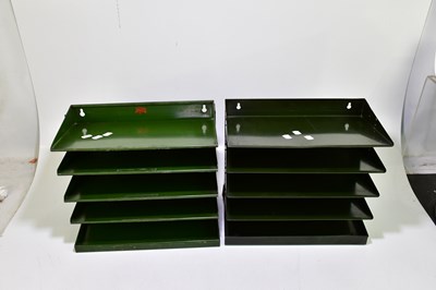 Lot 1013 - A pair of green painted wall shelves, height...