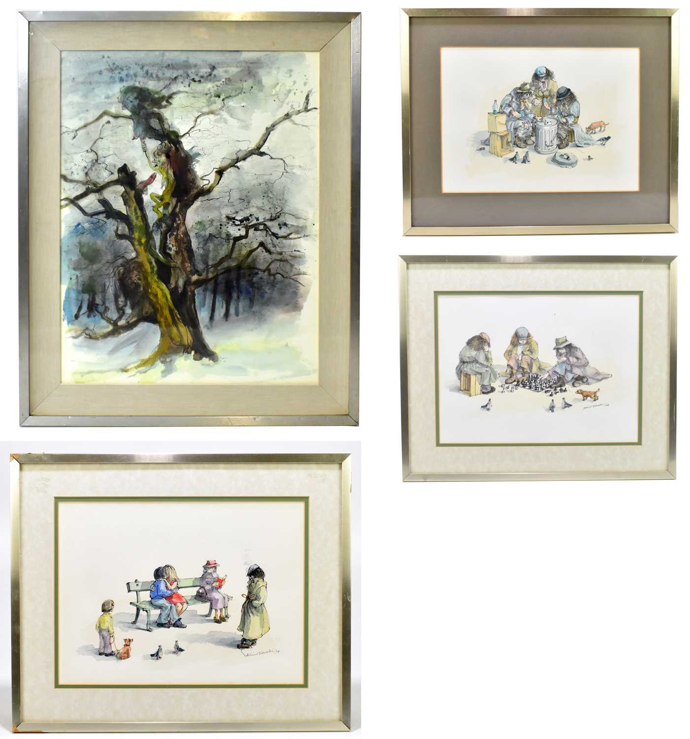 Lot 1362 - ALBIN TROWSKI (1919-2012); ink and watercolour, stylised tree with witches