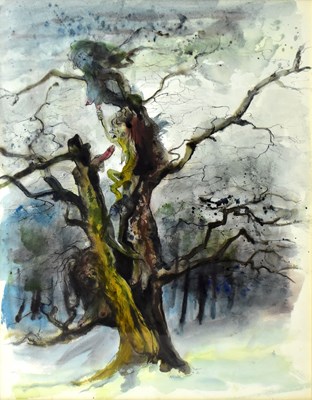 Lot 1362 - ALBIN TROWSKI (1919-2012); ink and watercolour, stylised tree with witches