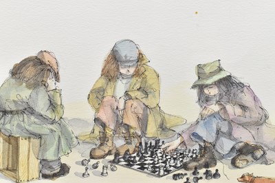 Lot 1362 - ALBIN TROWSKI (1919-2012); ink and watercolour, stylised tree with witches