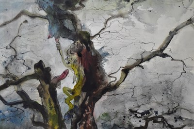 Lot 1362 - ALBIN TROWSKI (1919-2012); ink and watercolour, stylised tree with witches